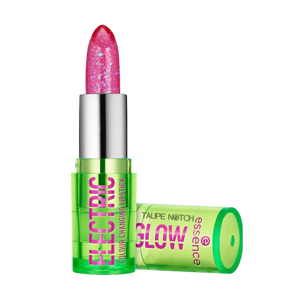 Color-changing lipstick with pink glitter bullet, green tube and cap, open.