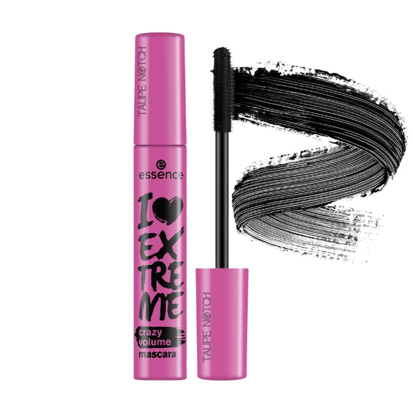 Pink mascara tube with black wand and dark lash swatch