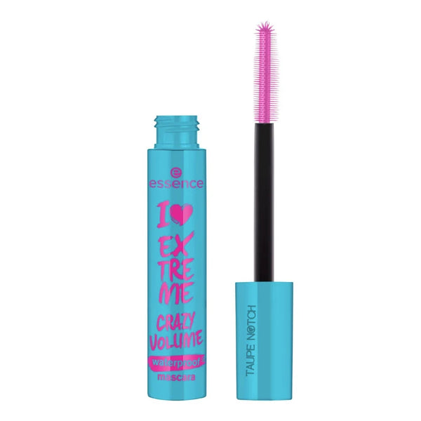 Essence waterproof mascara with pink bristle wand and blue bottle