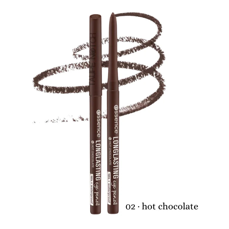 Essence Longlasting Eye Pencil shade 02 Hot Chocolate – 18h waterproof retractable dark brown eyeliner pencil with color swatch swirl on white background