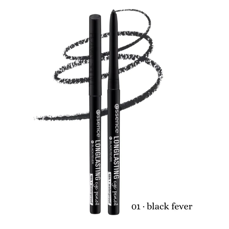Essence Longlasting Eye Pencil shade 01 Black Fever – 18h waterproof retractable intense black eyeliner pencil with color swatch swirl on white background