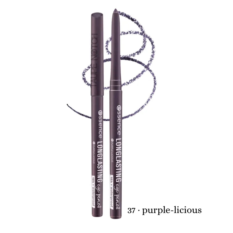 Essence Longlasting Eye Pencil shade 37 Purple-Licious – 18h waterproof retractable deep purple eyeliner pencil with color swatch swirl on white background