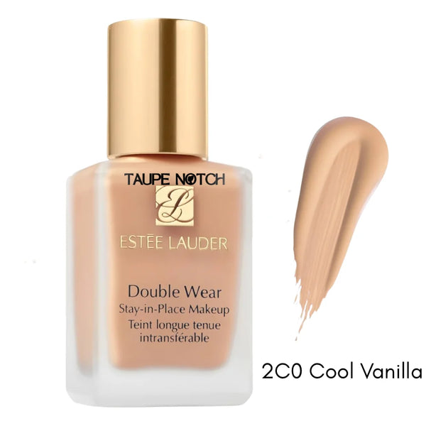 Foundation bottle with gold cap; cool vanilla beige swatch labeled 2C0 Cool Vanilla
