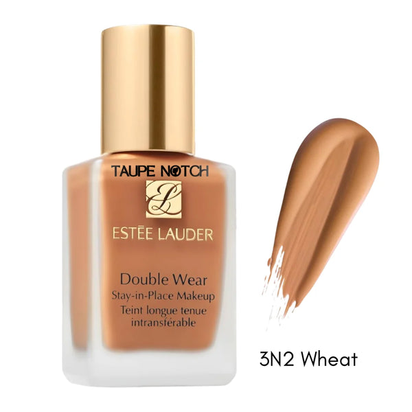 Foundation bottle with gold cap; wheat beige swatch labeled 3N2 Wheat