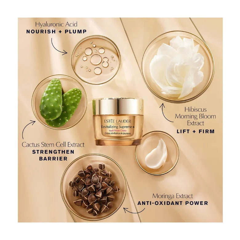 Estée Lauder Revitalizing Supreme+ cream moisturizer jar with ingredient icons
