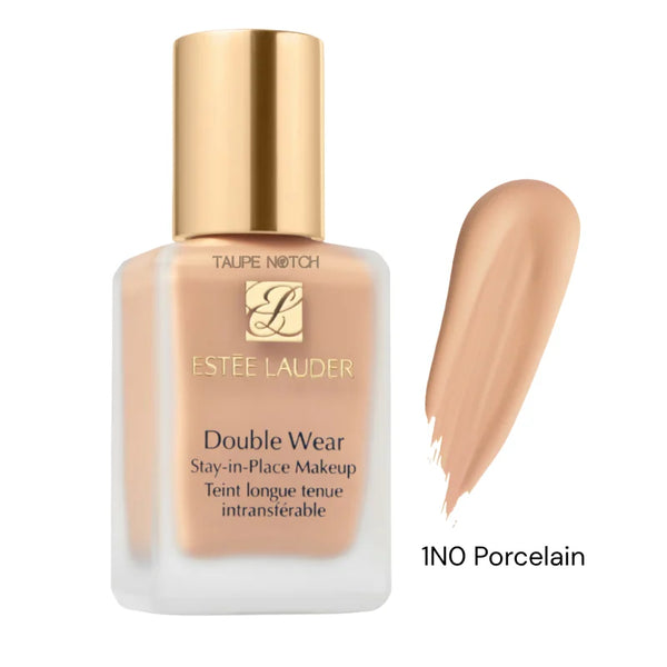 Foundation bottle with gold cap; light porcelain shade swatch labeled 1N0 Porcelain