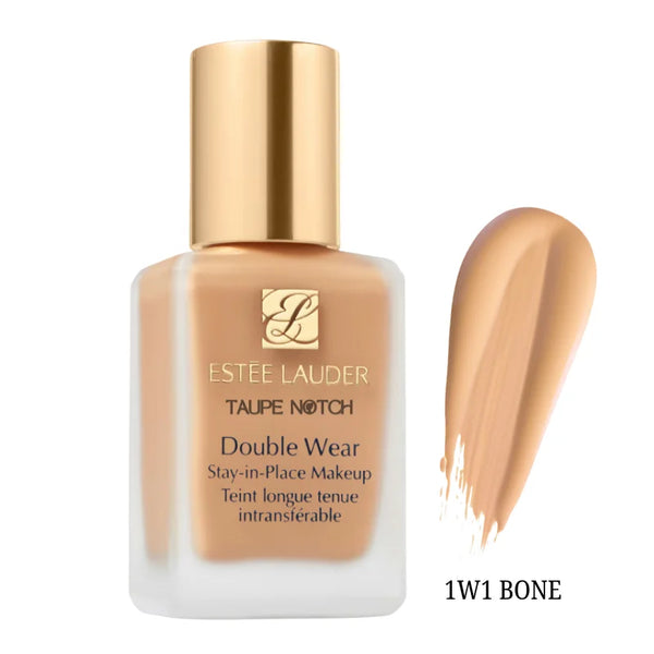 Foundation bottle with gold cap; pale beige swatch labeled 1W1 Bone