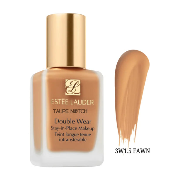 Foundation bottle with gold cap; light tan shade swatch labeled 3W1.5 Fawn