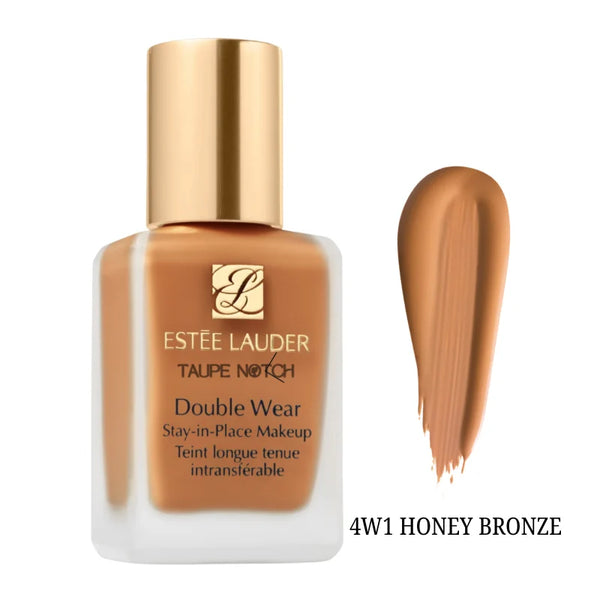 Foundation bottle with gold cap; medium honey brown swatch labeled 4W1 Honey Bronze