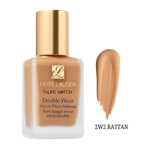 Foundation bottle with gold cap; medium beige swatch labeled 2W2 Rattan