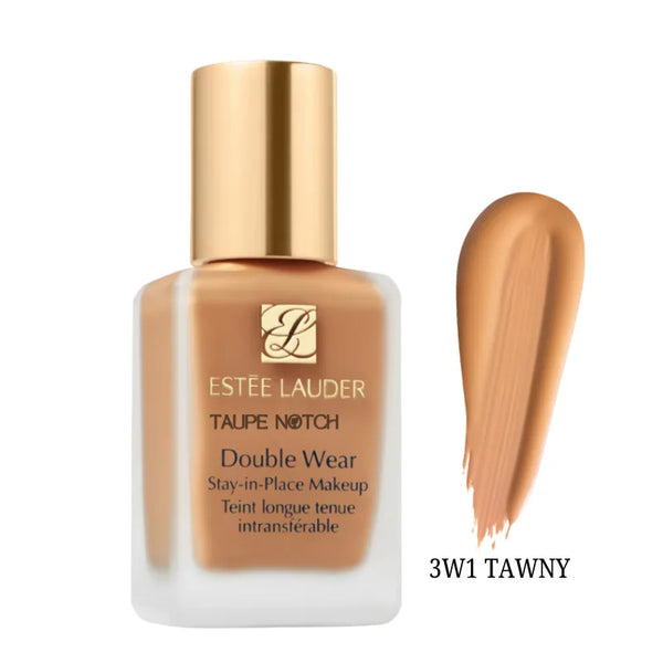 Foundation bottle with gold cap; warm beige shade swatch labeled 3W1 Tawny