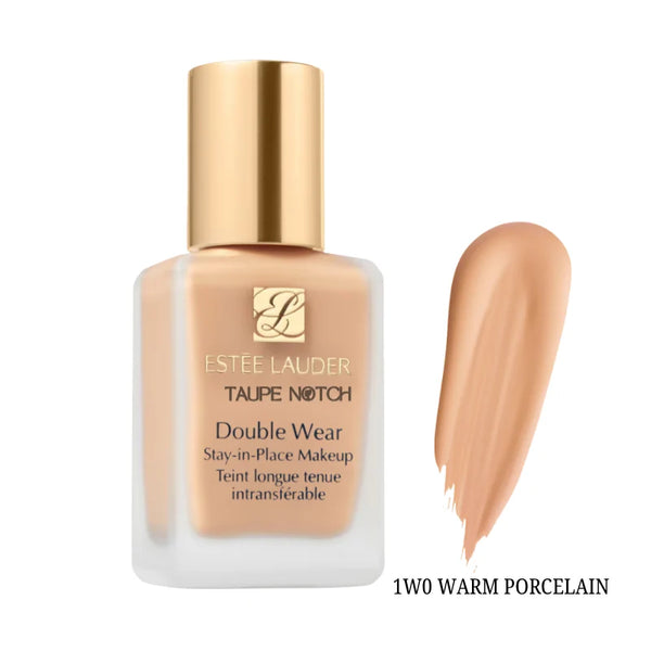 Foundation bottle with gold cap; fair warm beige swatch labeled 1W0 Warm Porcelain