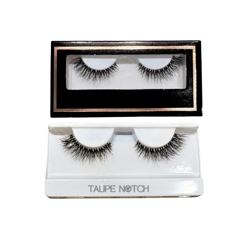 Wispy false eyelashes with invisible band, two-lash pair in taupe.