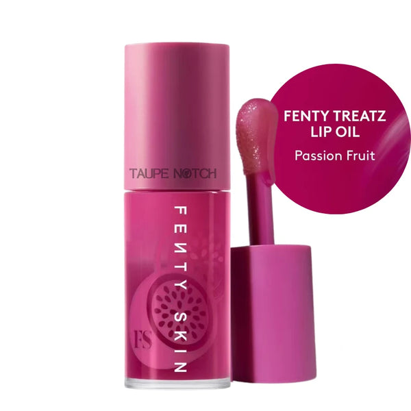 Fenty Treatz lip oil in Passion Fruit shade; pink gloss tube with wand applicator