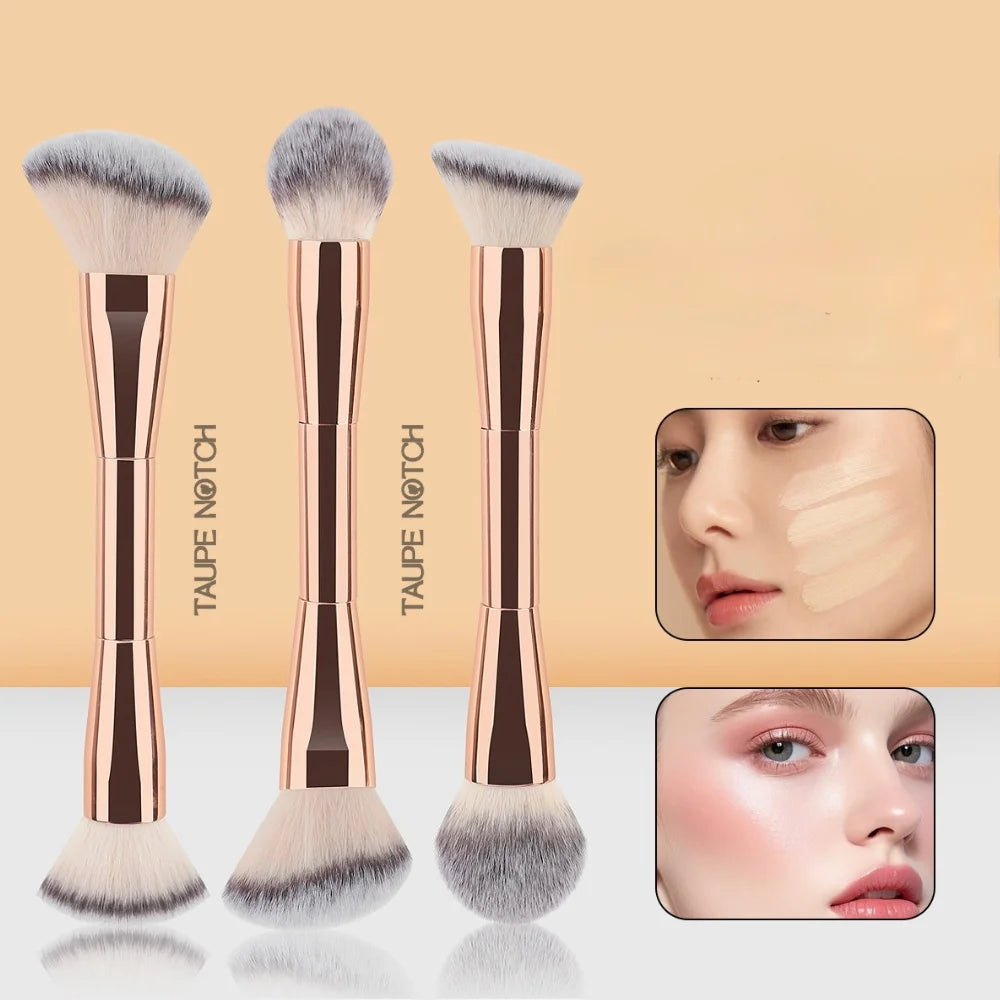 Rose-gold face brush duo with gray-white bristles for blending makeup