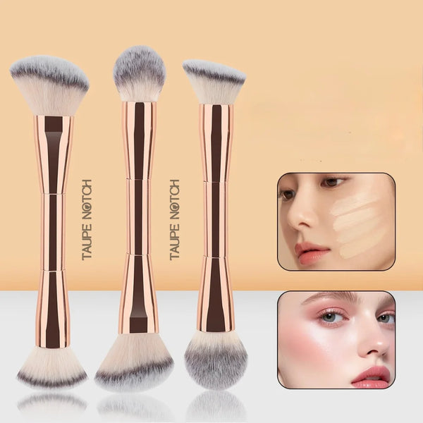 Rose-gold face brush duo with gray-white bristles for blending makeup