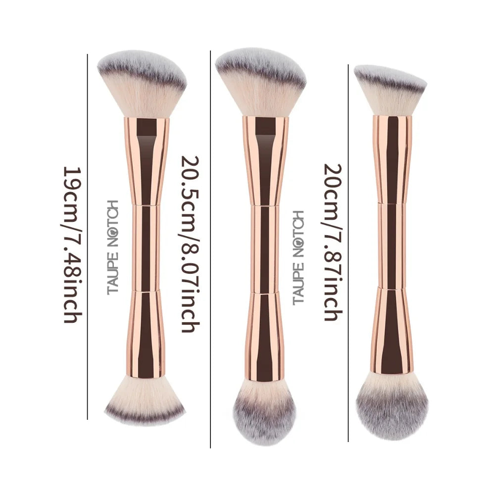 Rose-gold face brushes with gray-white bristles, three size options shown