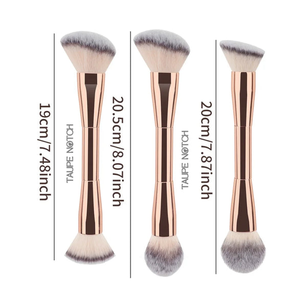 Rose-gold face brushes with gray-white bristles, three size options shown