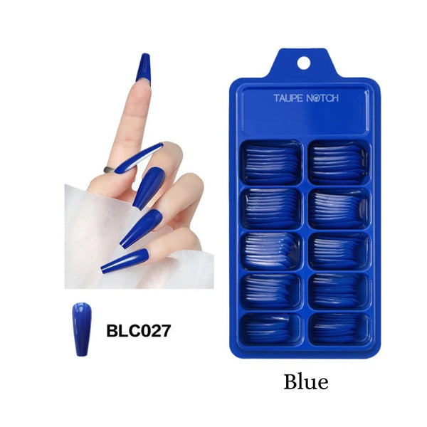 Blue glossy coffin-shaped fake nails in a 100-pc box set