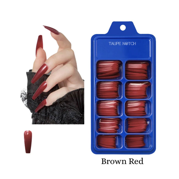 Brown red glossy coffin-shaped fake nails in a 100-pc box set