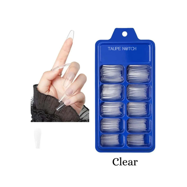 Clear glossy coffin-shaped fake nails in a 100-pc box set