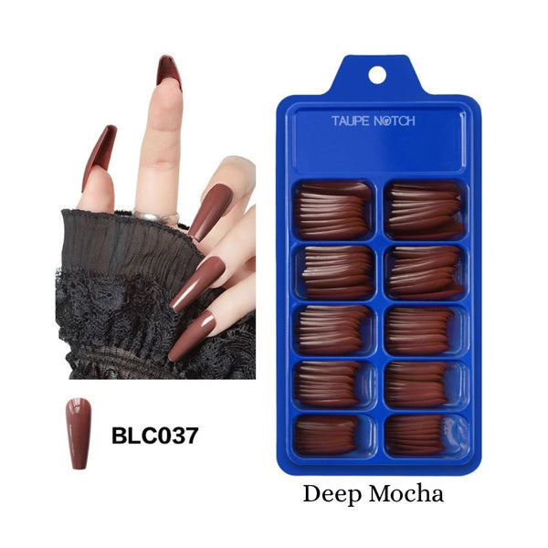 Deep mocha glossy coffin-shaped fake nails in a 100-pc box set
