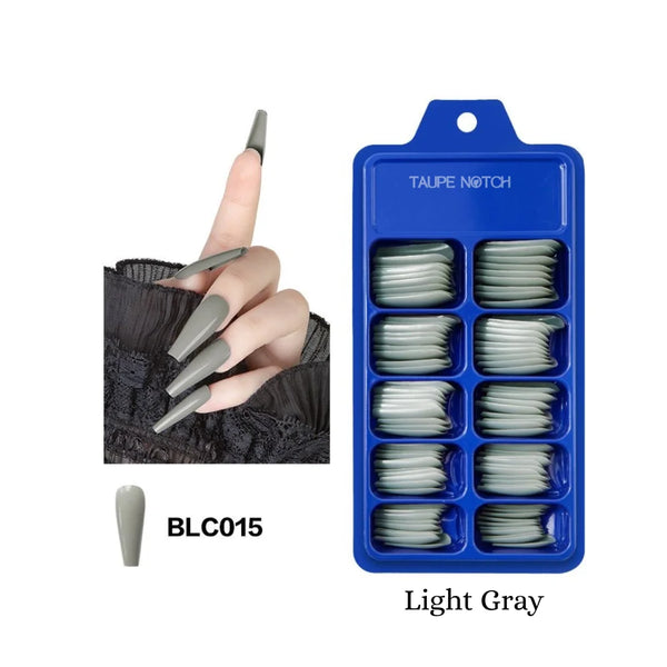 Light gray glossy coffin-shaped fake nails in a 100-pc box set