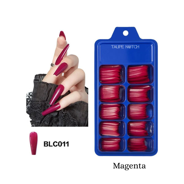 Magenta glossy coffin-shaped fake nails in a 100-pc box set
