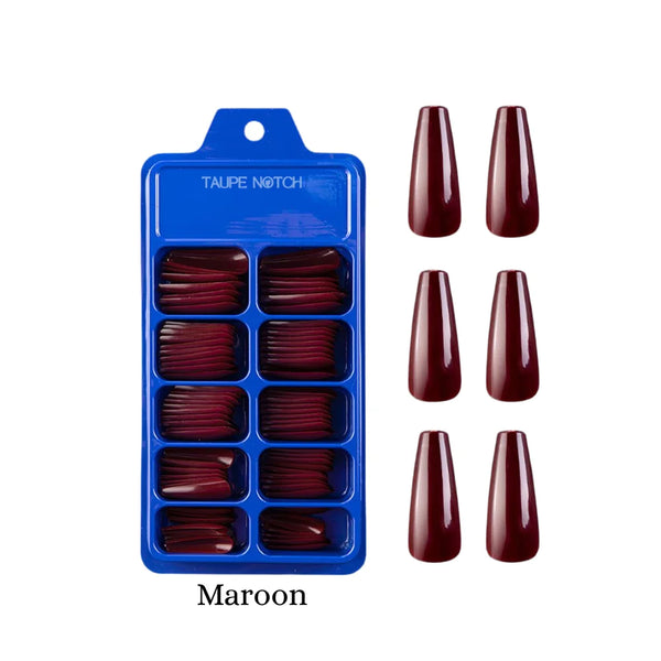 Maroon glossy coffin-shaped fake nails in a 100-pc box set