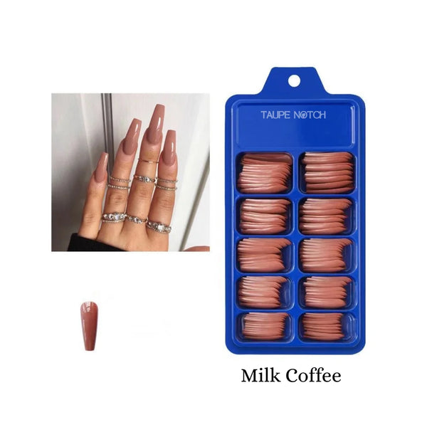 Milk coffee glossy coffin-shaped fake nails in a 100-pc box set
