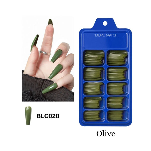 Olive glossy coffin-shaped fake nails in a 100-pc box set