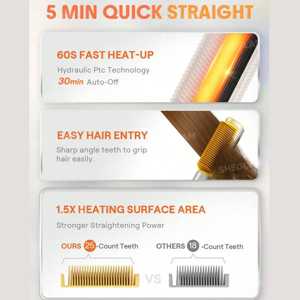 Thermal straightening brush with gold heated comb teeth and silver handle, angled view