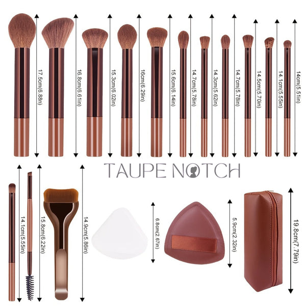 Makeup brush kit with brown travel pouch and purple bristle brushes on striped handles