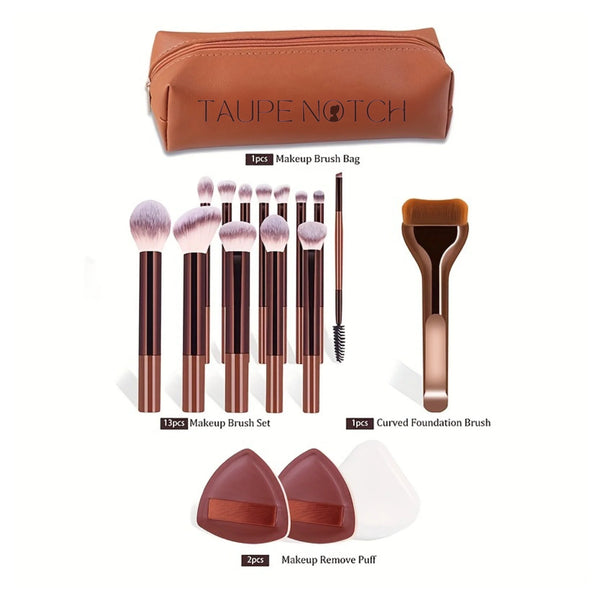 Makeup brush kit with brown travel pouch, multiple makeup brushes and curved foundation brush