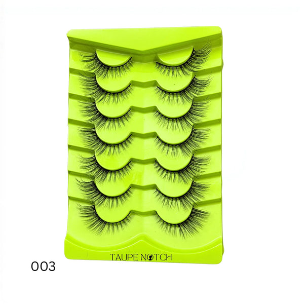 False eyelashes set, bright lime case with stacked lash pairs and Taupe Notch label