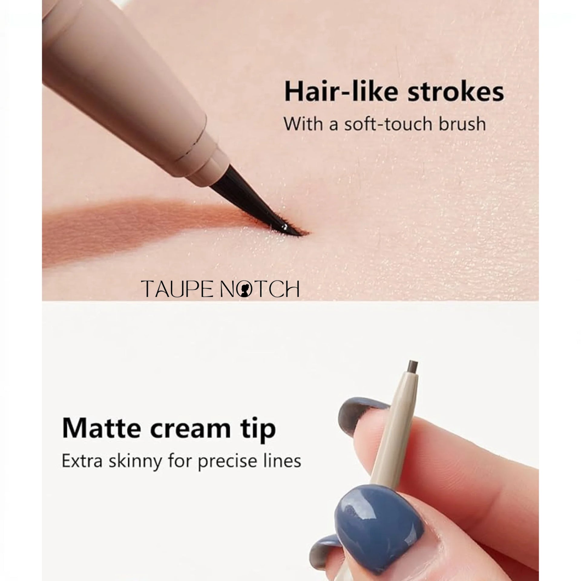 Brow pencil tip with matte cream, applying hair-like strokes with soft-touch brush