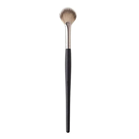 Fan-shaped blush brush with soft fan bristles and black handle