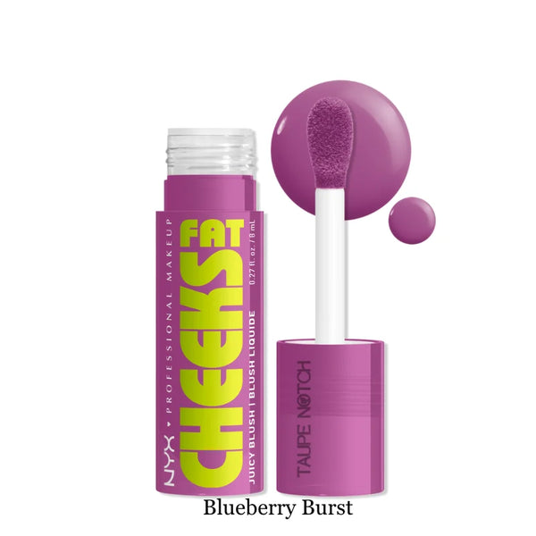 Dewy liquid blush in Blueberry Burst shade, with applicator brush and bottle.