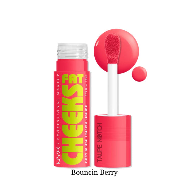 Dewy liquid blush in Bouncin Berry shade, with applicator brush and bottle.