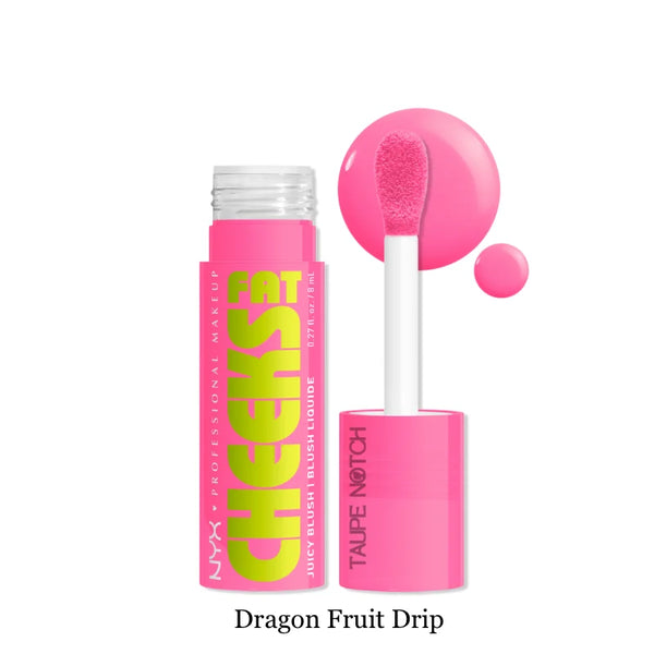 Dewy liquid blush in Dragon Fruit Drip shade, with applicator brush and bottle.