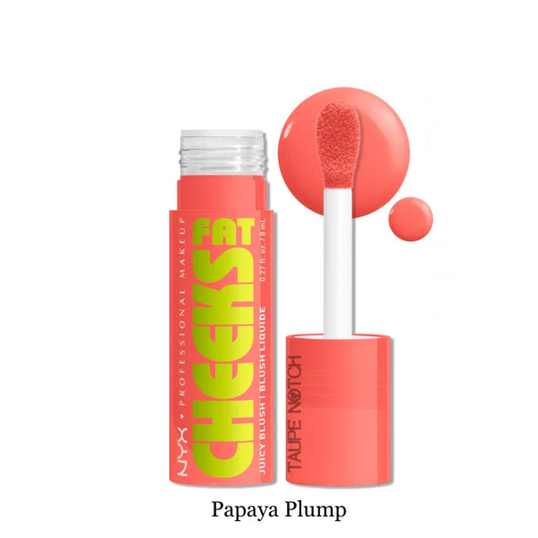 Dewy liquid blush in Papaya Plump shade, with applicator brush and bottle.
