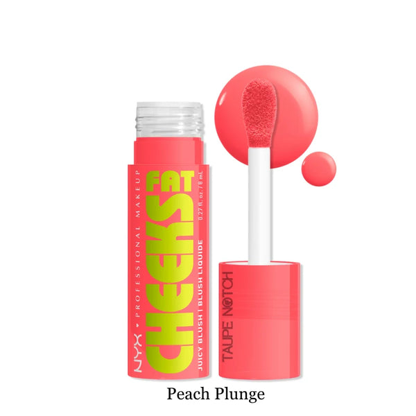 Dewy liquid blush in Peach Plunge shade, with applicator brush and bottle.