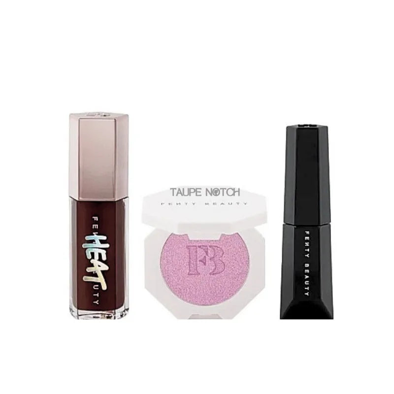 Three-piece makeup set with mauve lip gloss, highlighter compact, and black mascara