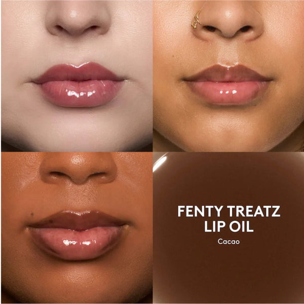 Fenty Treatz lip oil on lips, glossy cocoa brown finish
