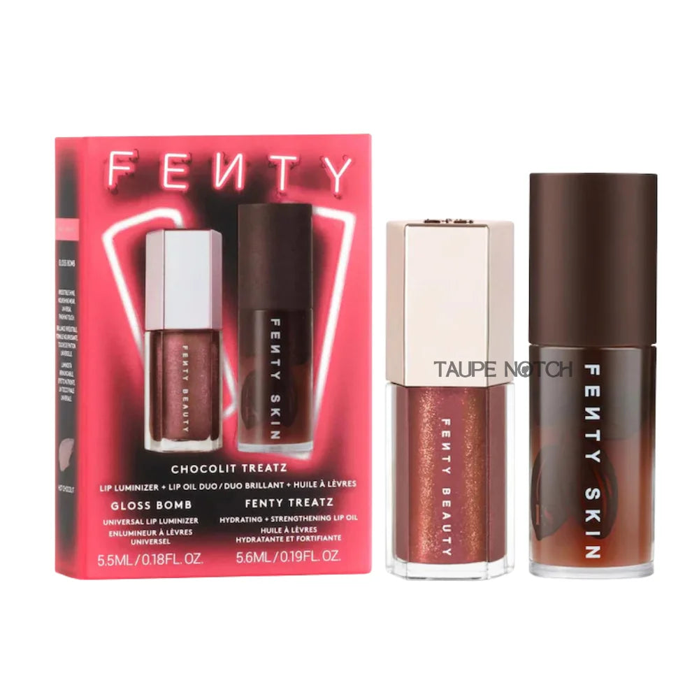 Fenty Beauty lip treatz duo, two lip gloss bottles in cocoa and taupe