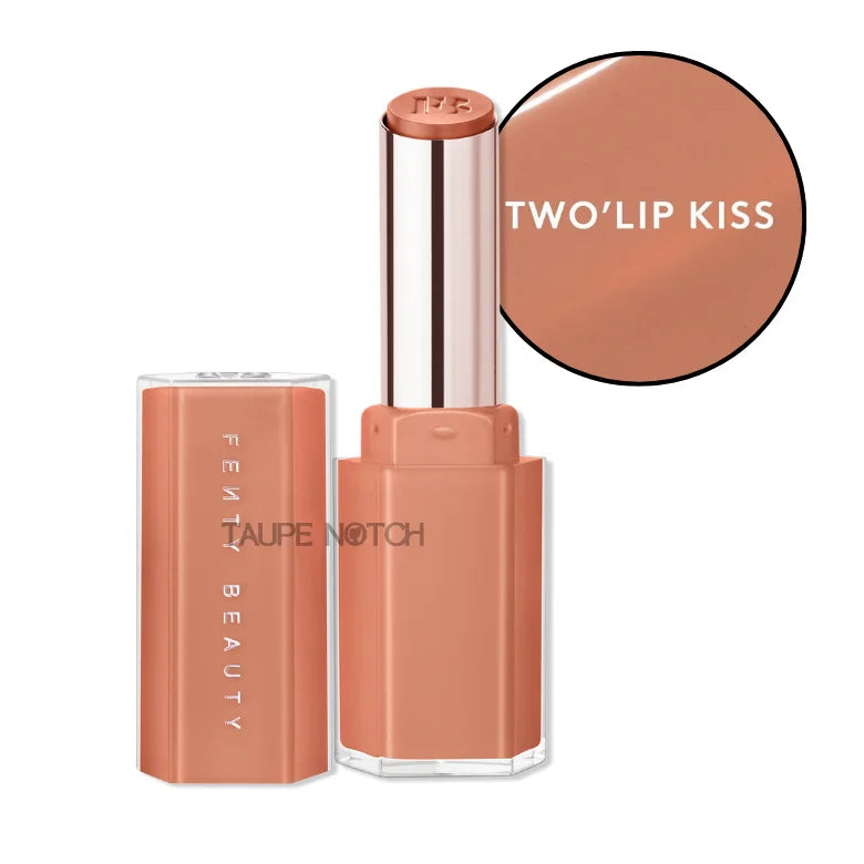 High-shine gloss stick, peachy nude glossy finish