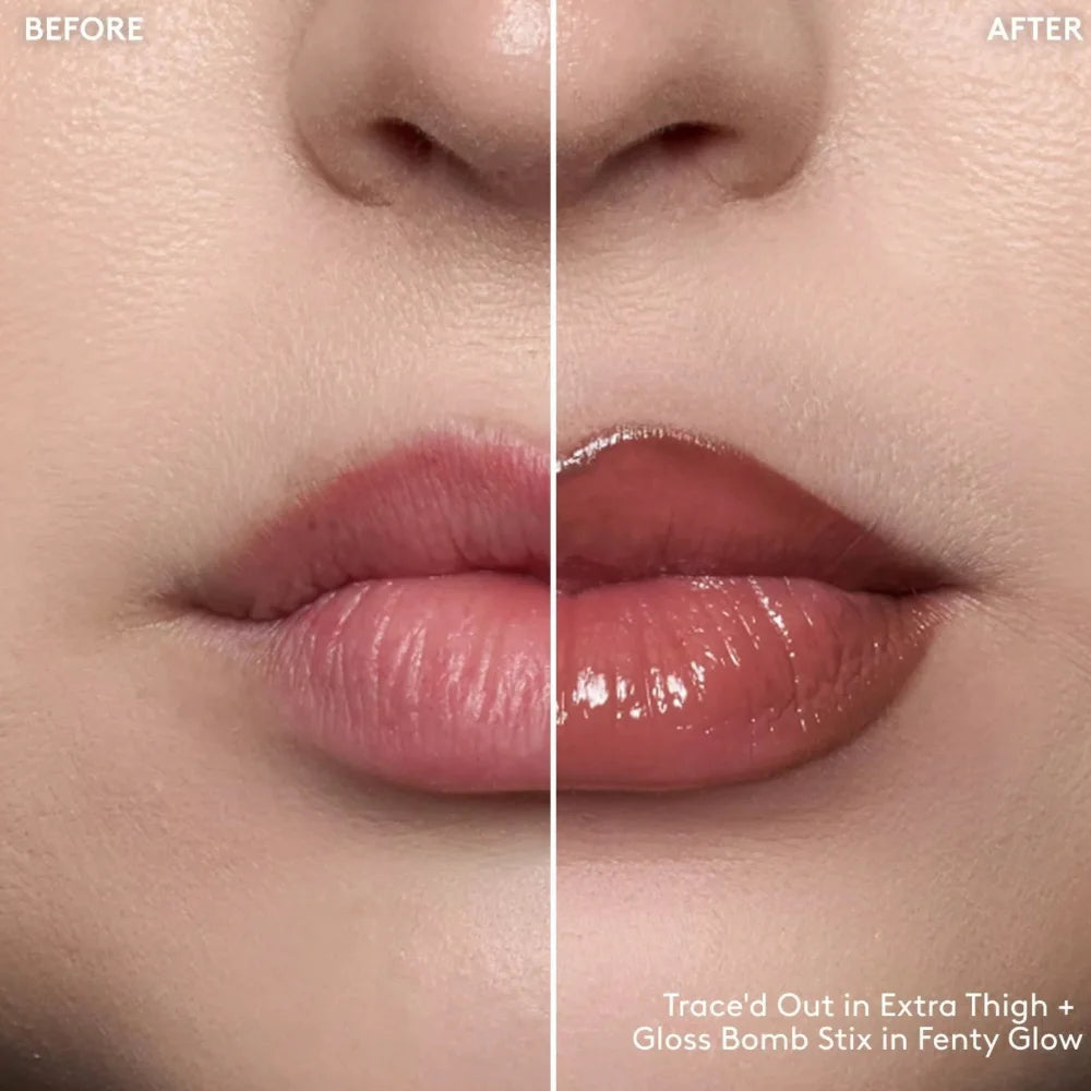 Glossy taupe-brown lip color with defined outline and fuller shine on lips