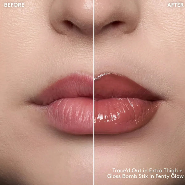 Glossy taupe-brown lip color with defined outline and fuller shine on lips