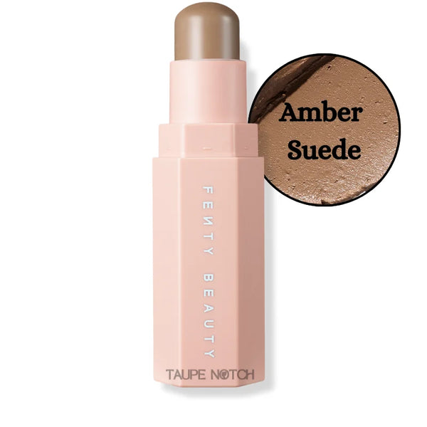 Contour skinstick in Amber Suede, medium brown shade swatch beside stick.