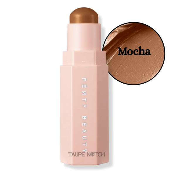 Contour skinstick in Mocha, medium brown shade swatch beside stick.